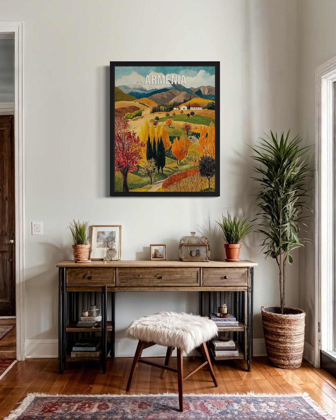 Armenia Autumn Valley with Cypress Trees and Snowy Peaks Travel Poster - Image 3