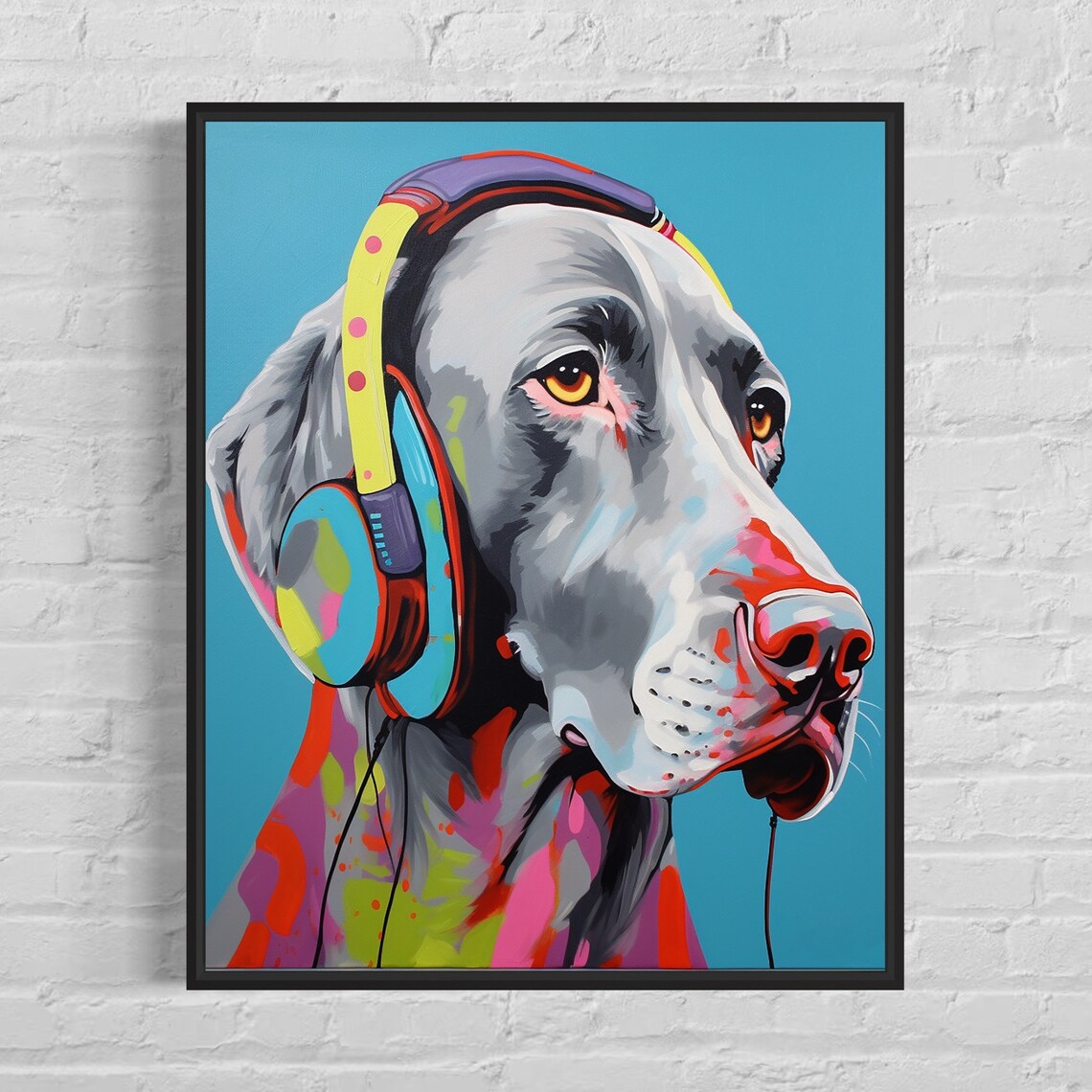 Weimaraner Dog Wearing Headphones Colorful Pop Art Portrait Poster