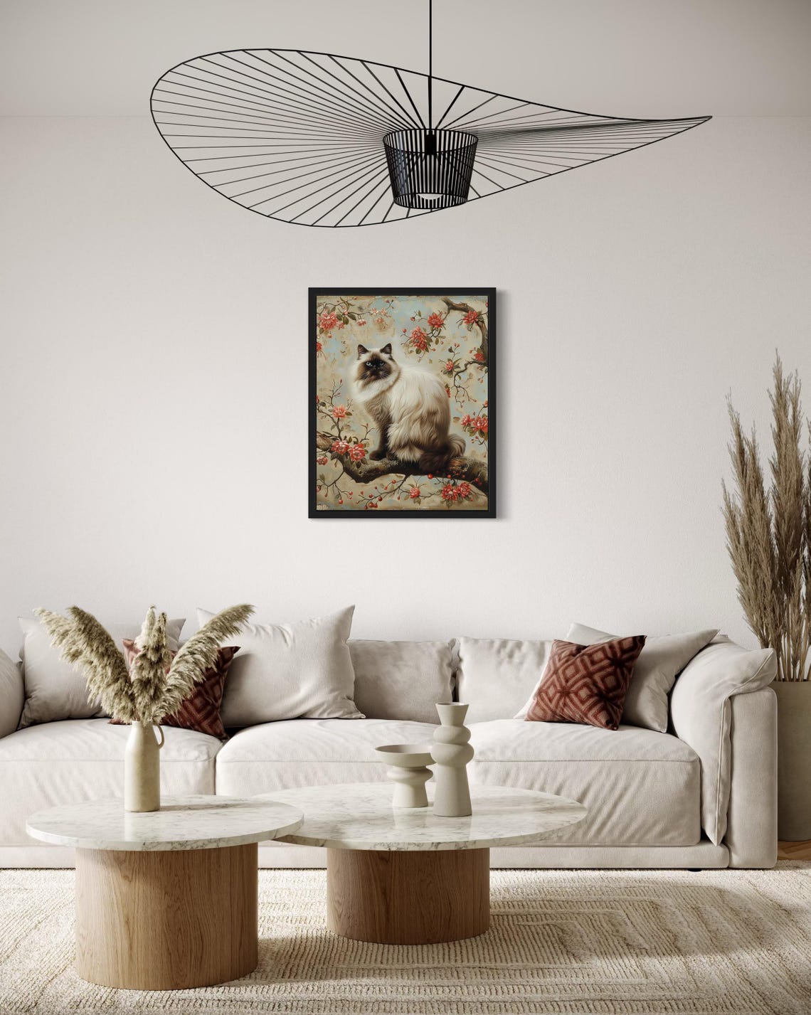 Birman Cat on Cherry Blossom Branch Vintage Style Painting Poster - Image 4