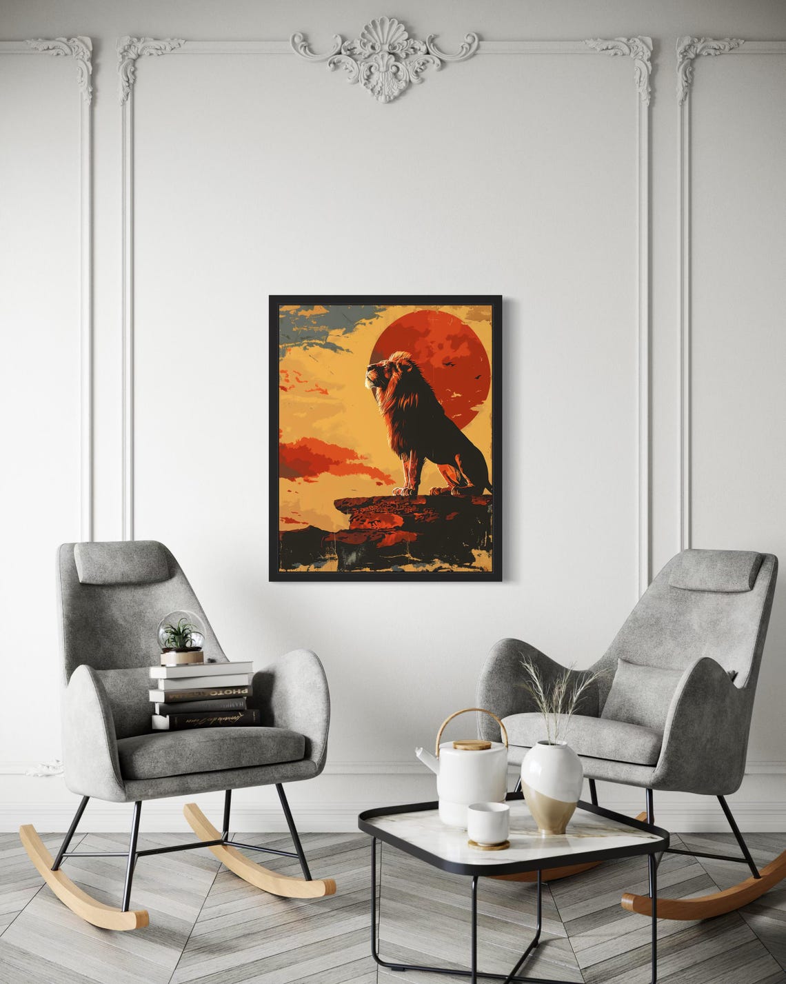 Lion on a Rock Under a Red Sun Vintage Safari Wildlife Poster - Image 3