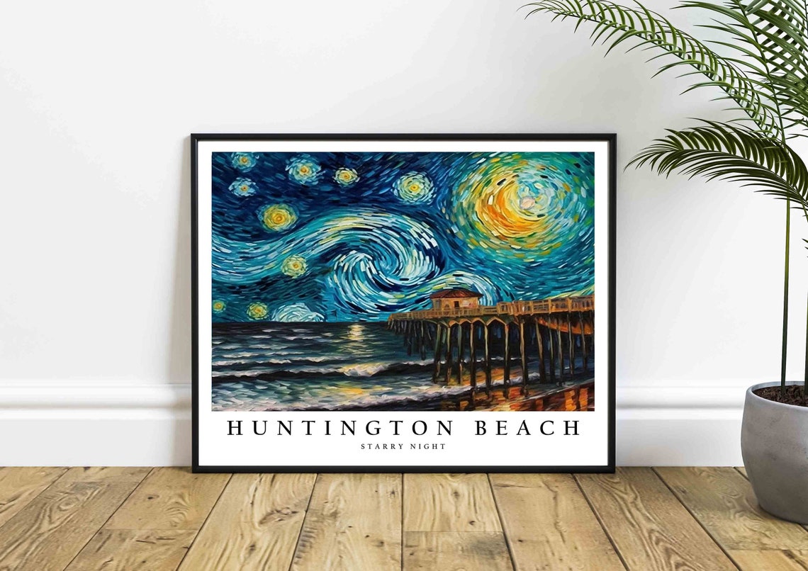 Huntington Beach Starry Night Ocean Pier Night Sky View Poster - Image 4