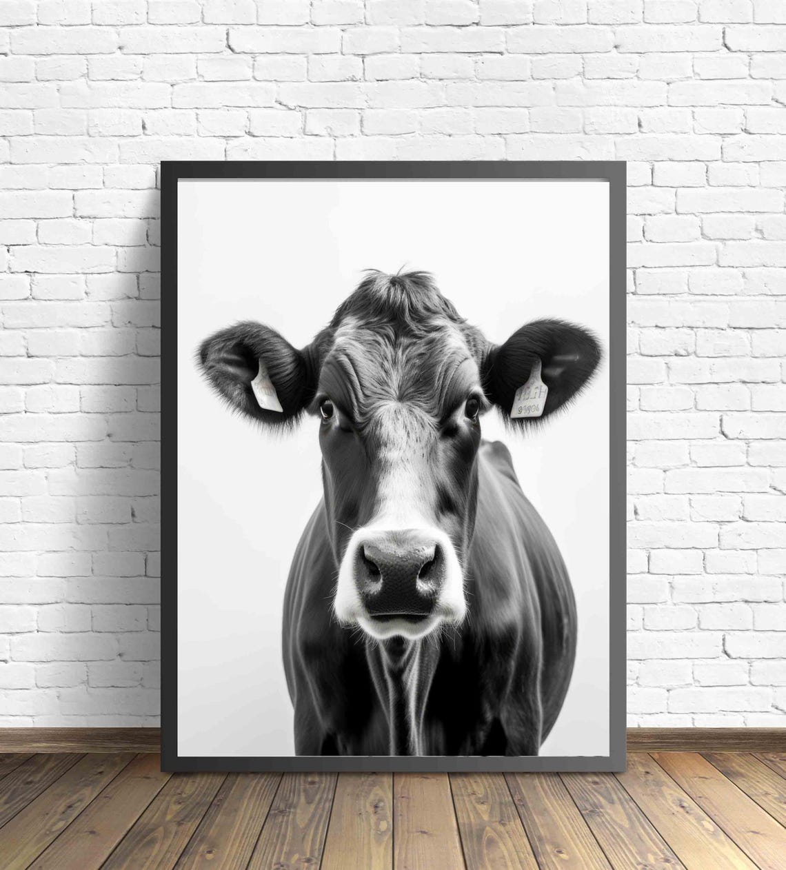 Curious Cow Face Close Up Front View Black and White Art Poster - Image 4
