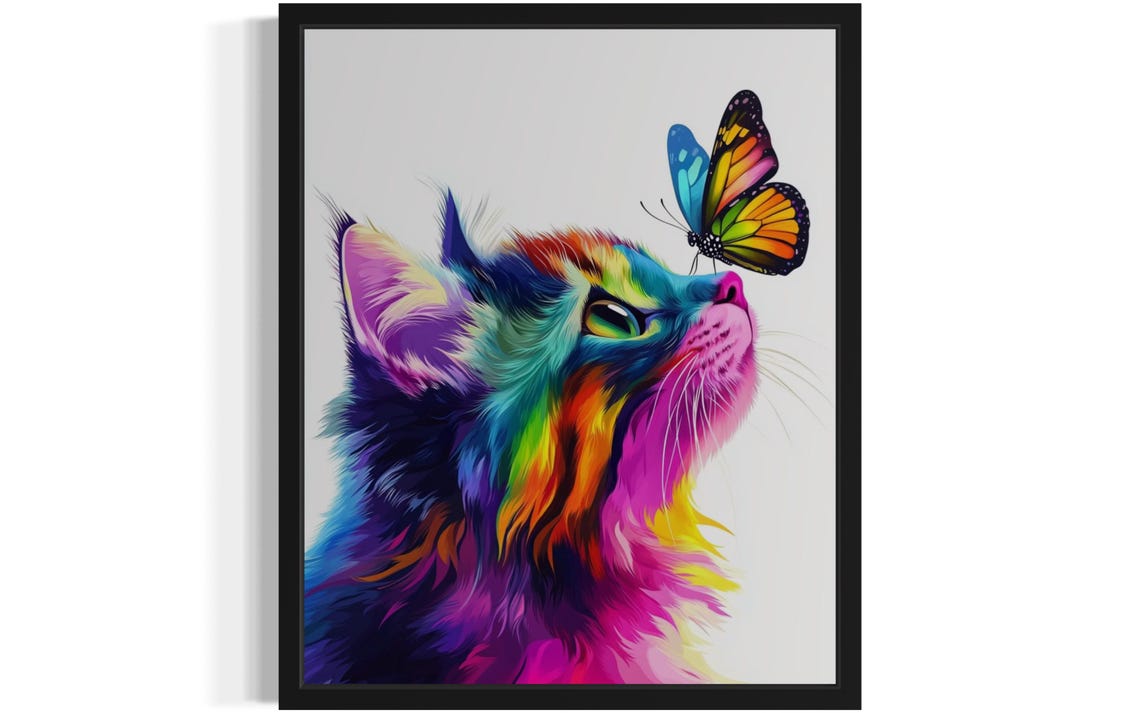 Rainbow Colored Cat with Monarch Butterfly Modern Colorful Art Print