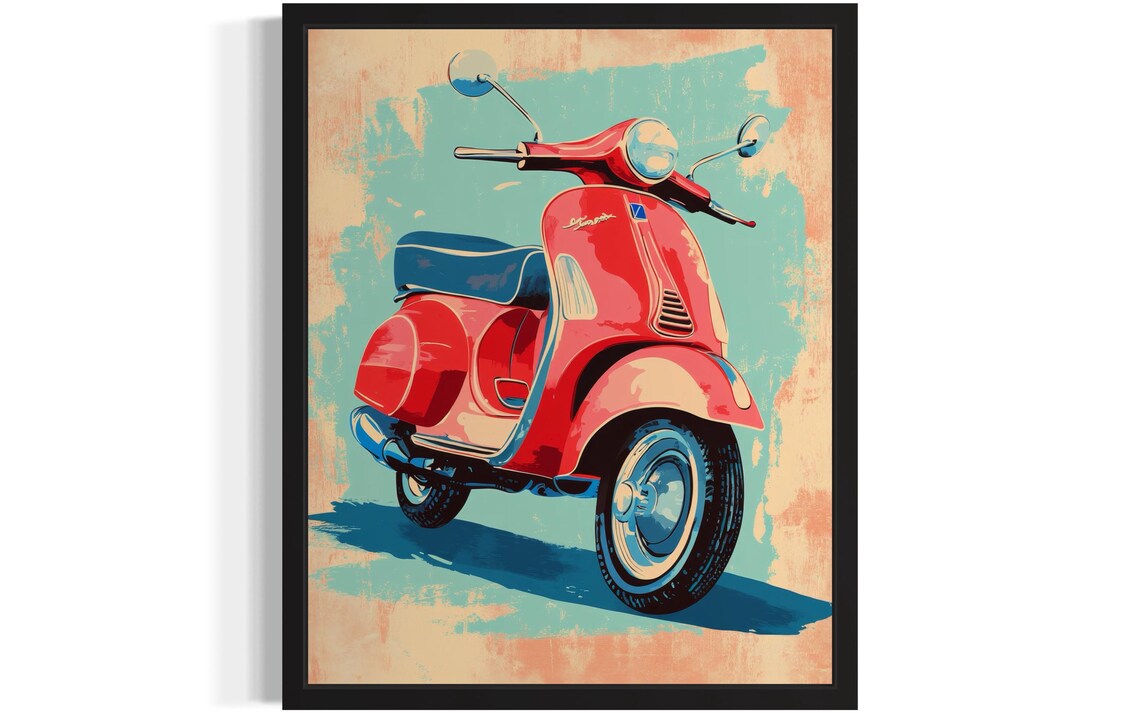 Classic Red Vintage Vespa Scooter Pop Art Teal Retro Moped Poster