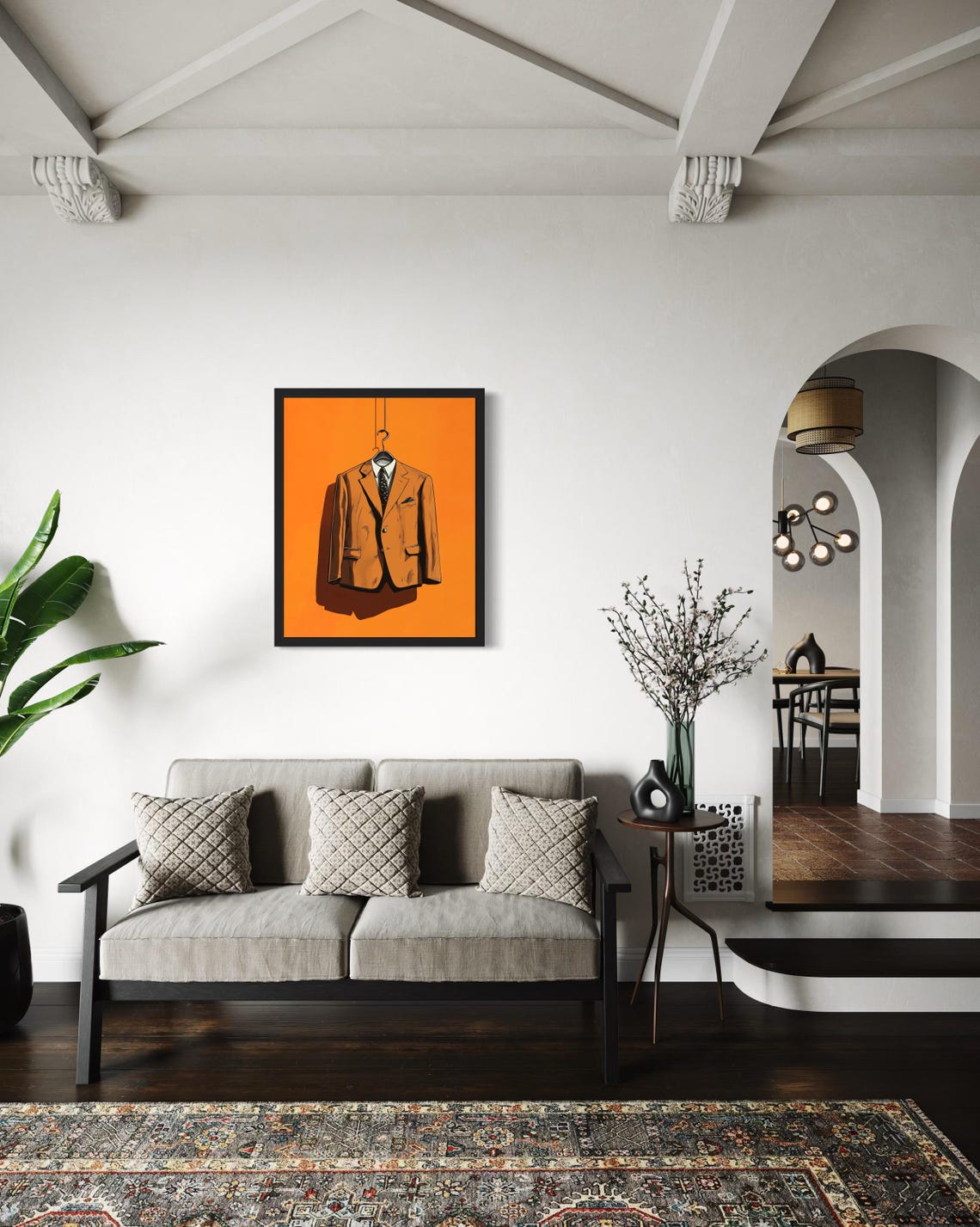 Vintage Tan Suit Pop Art Poster on Bold Orange Background Decor - Image 2