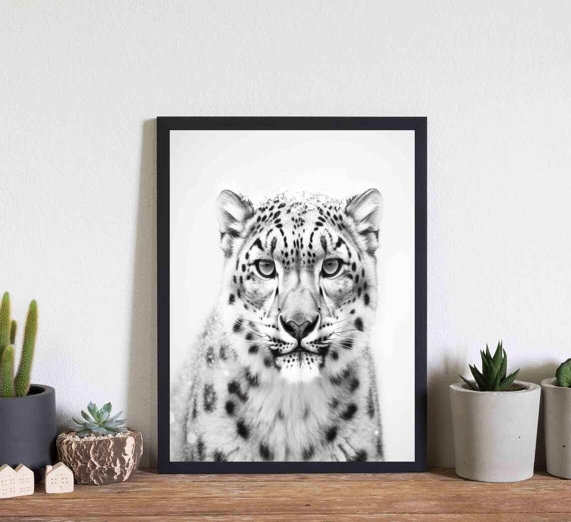 Snow Leopard Black and White Winter Wild Big Cat Portrait Poster - Image 2