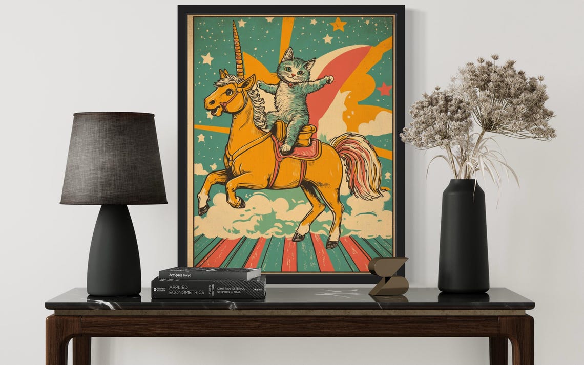Kitten Riding a Unicorn Vintage Retro Circus Fantasy Art Poster - Image 2