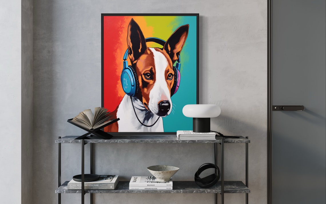 Basenji Dog Wearing Headphones Vibrant Color Block Music Poster - Image 2