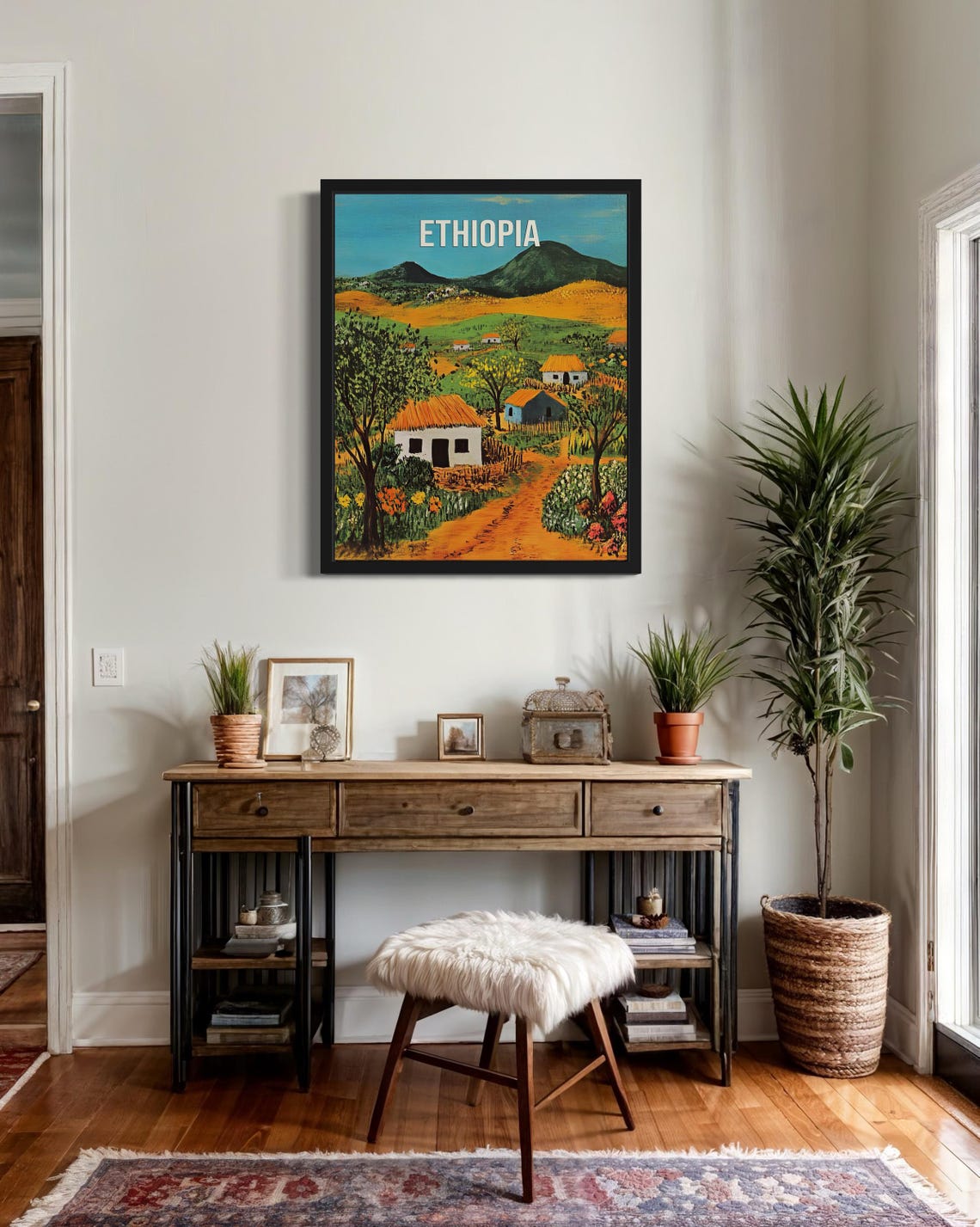 Ethiopia Thatched Cottages Golden Savanna Hills Folk Art Poster - Image 3