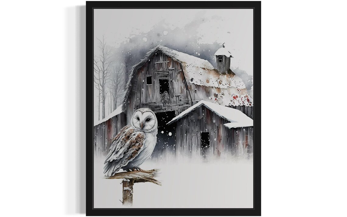 Barn Owl Before Snowy Old Barn Watercolor Winter Scene Poster