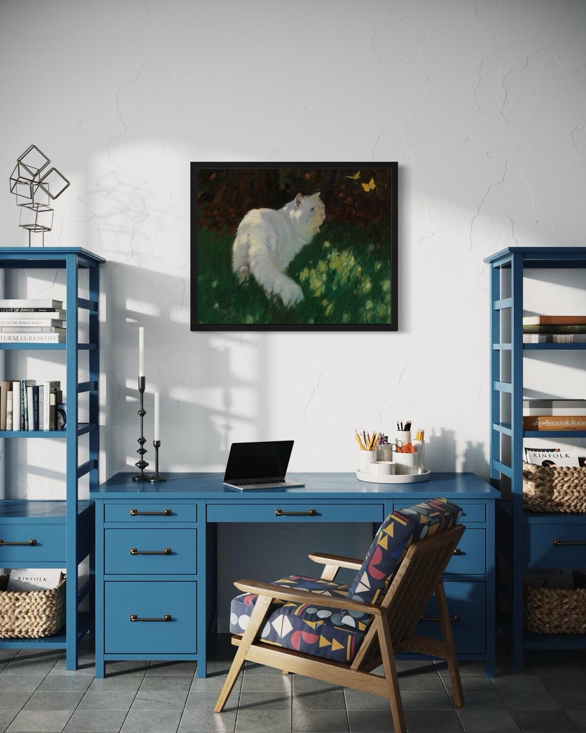 White Longhaired Cat In Sunlit Garden Watching Yellow Butterflies Poster - Image 4