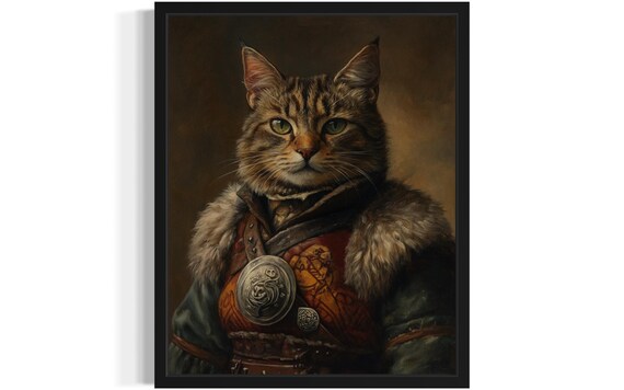 Tabby Cat Viking Warrior In Fur Armor Portrait Oil Painting Poster
