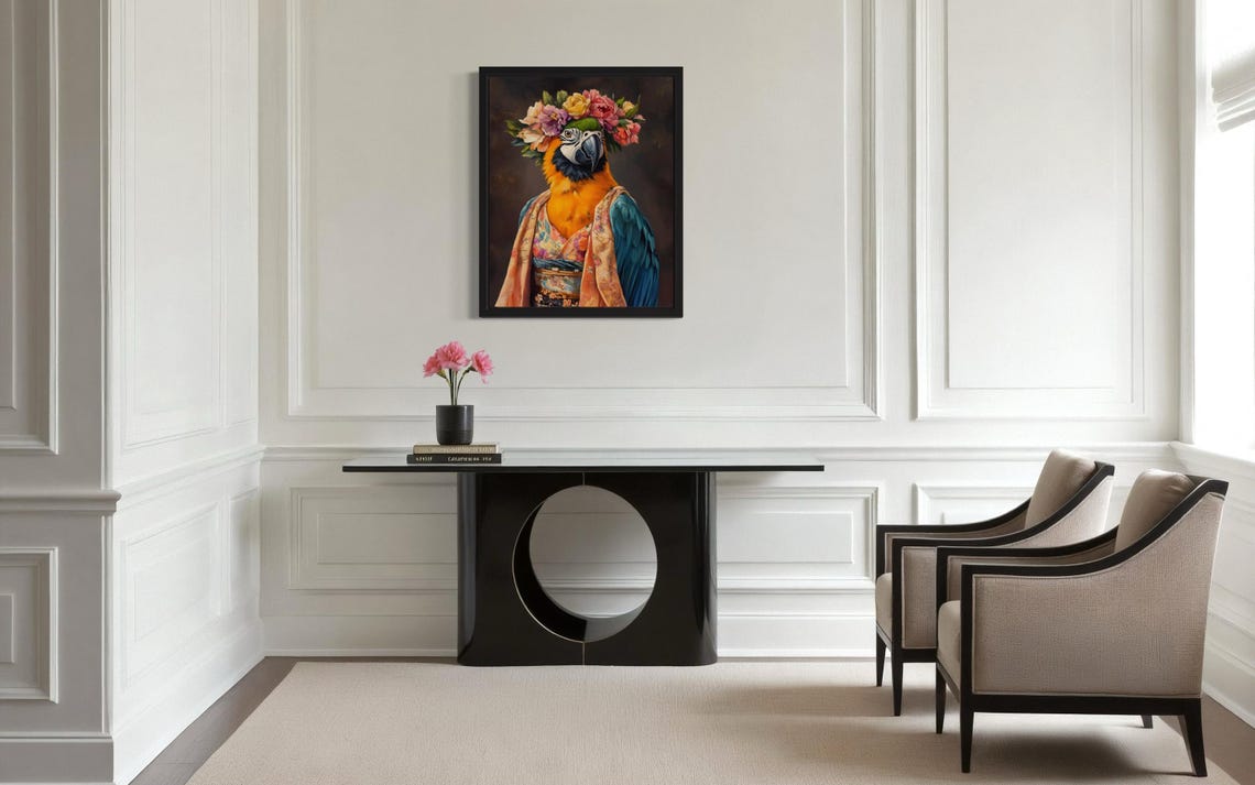 Macaw Parrot Wearing Flower Crown and Kimono Fine Art Decor Poster - Image 4