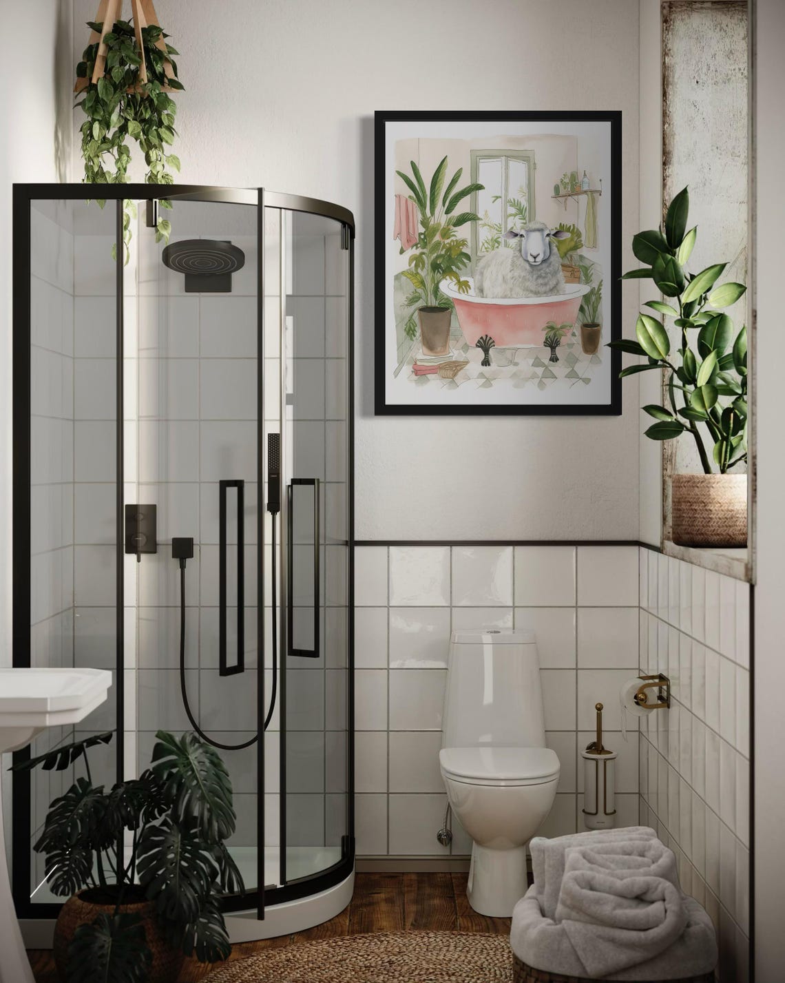 Fluffy White Sheep Soaking in a Pink Bathtub Bathroom Decor Poster - Image 3