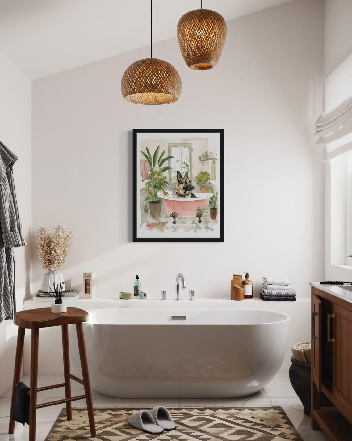 German Shepherd Bath Time Pink Clawfoot Tub Botanical Art Poster - Image 4