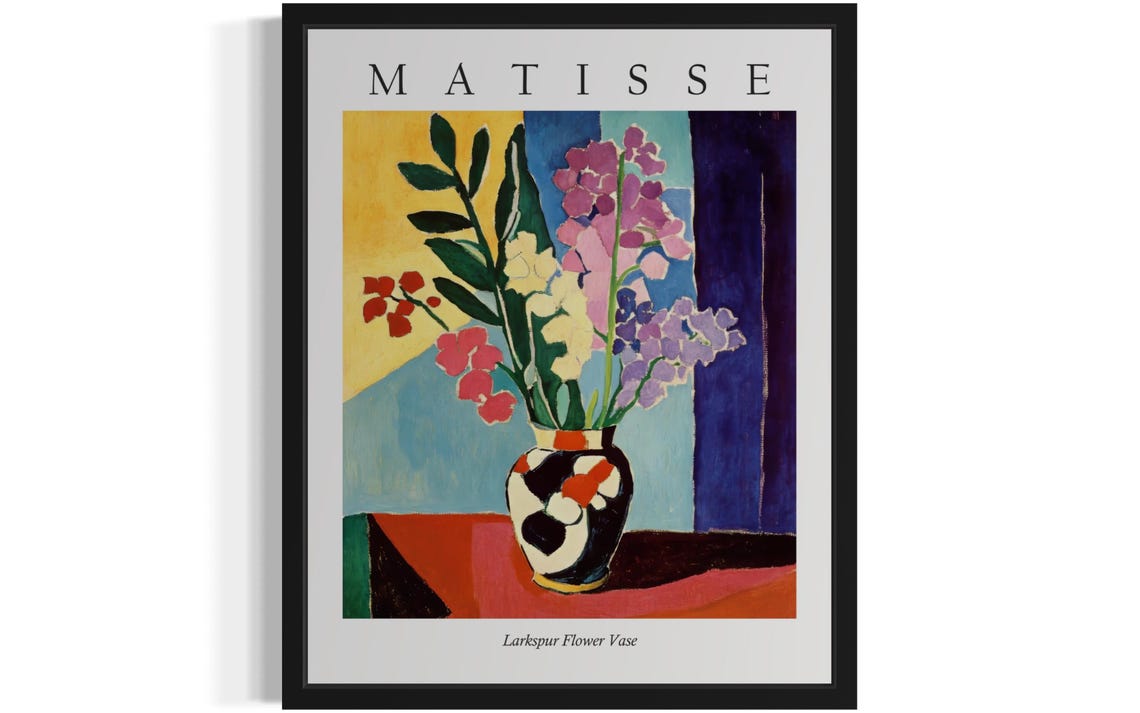 Larkspur Tall Blossom Spikes in Patterned Vase Matisse Style Poster