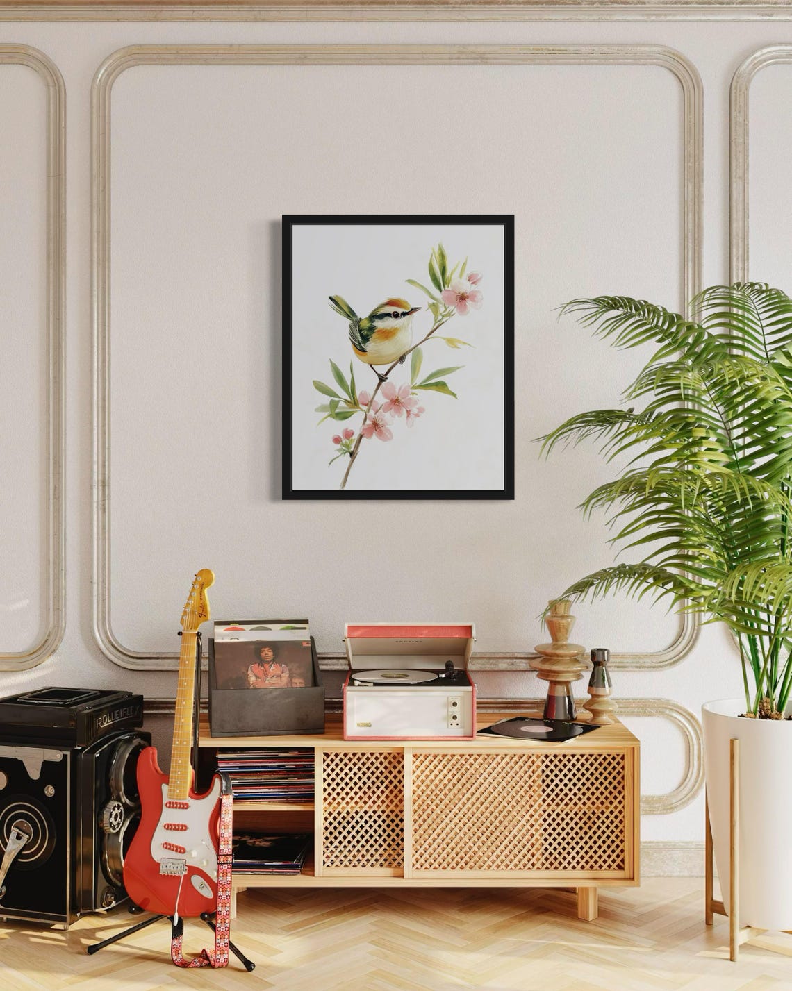 Common Firecrest on Pink Blossom Branch Watercolor Bird Poster - Image 4