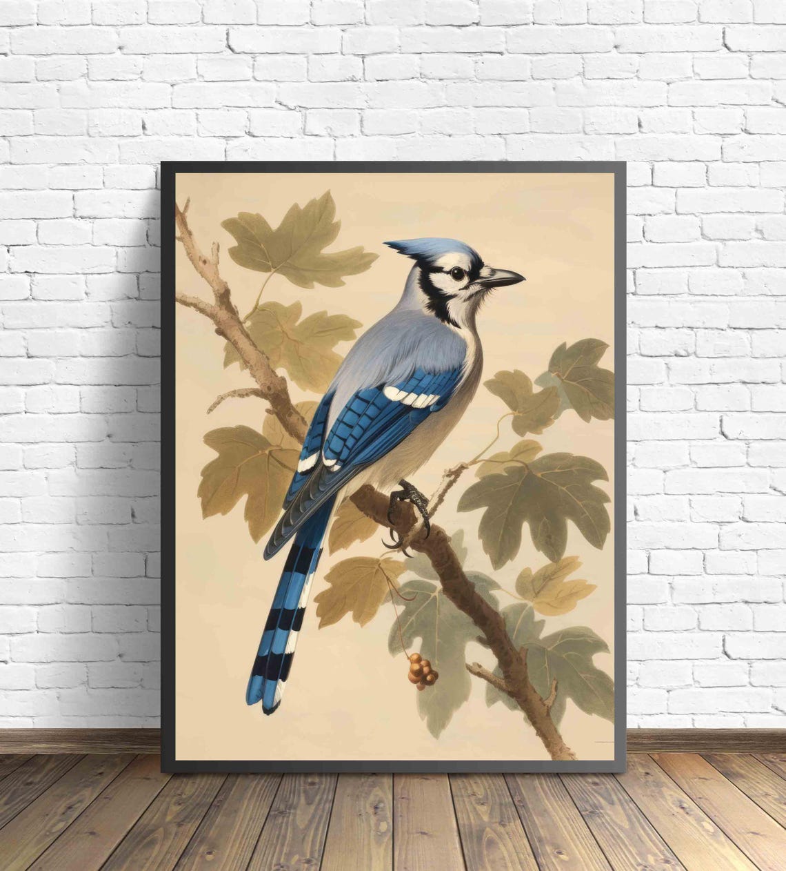 Blue Jay Perched on a Maple Branch with Berries Vintage Bird Poster - Image 2