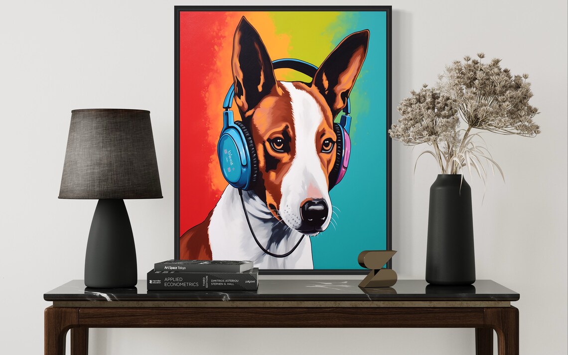 Basenji Dog Wearing Headphones Vibrant Color Block Music Poster - Image 3