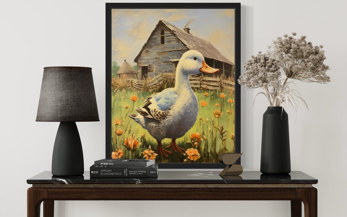 White Farm Duck in a Flower Meadow Before a Barn Vintage Poster - Image 2