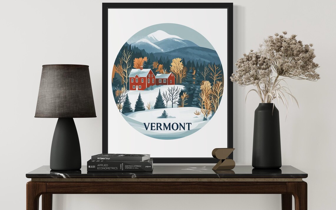 Vermont Snowy Red Farmhouse Circular Winter Poster Home Decor Gift - Image 3