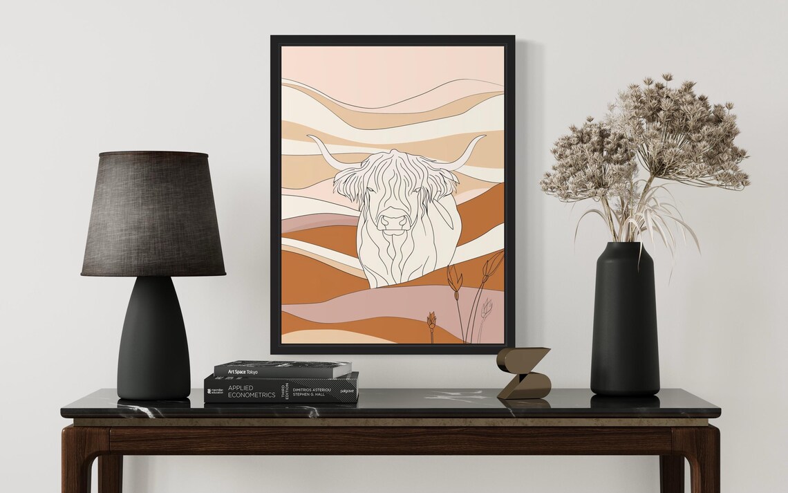 Highland Cow Shaggy Line Art Wavy Terracotta Landscape Art Poster - Image 3