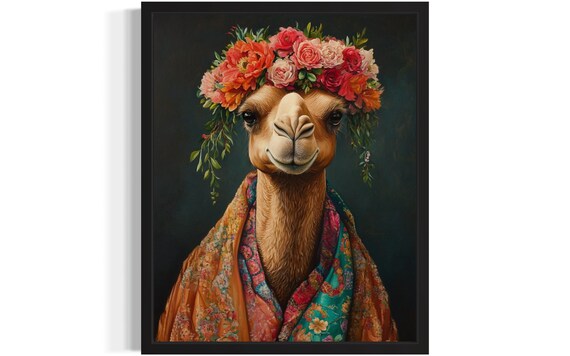 Camel Wearing Coral Rose Flower Crown Kimono Fine Art Decor Poster
