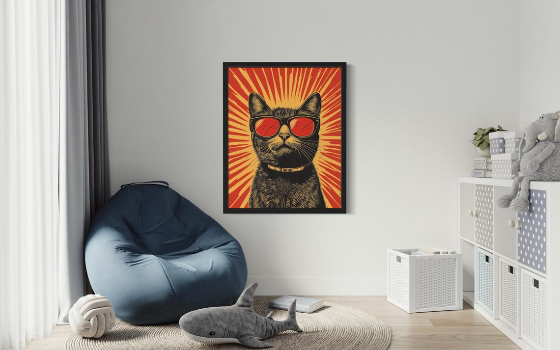 Cool Black Cat with Red Sunglasses Vintage Pop Art Sunburst Poster - Image 3