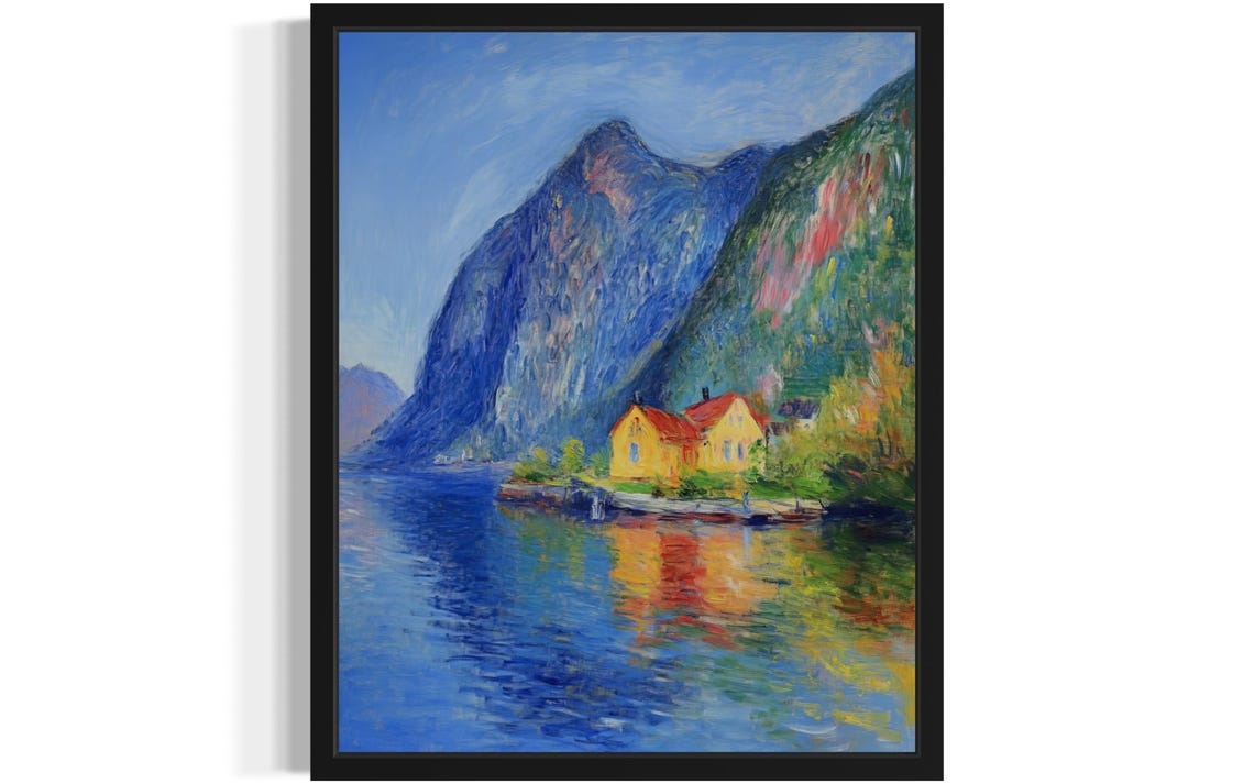 Norway Fjord Cabins Beneath Towering Mountains Monet Style Poster
