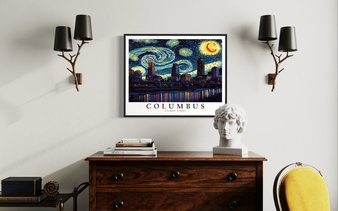 Columbus City Skyline Under Van Gogh Starry Night Sky Art Poster - Image 4