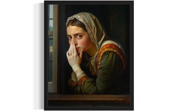 Young Woman in Lace Bonnet Holding Her Nose at Window Poster