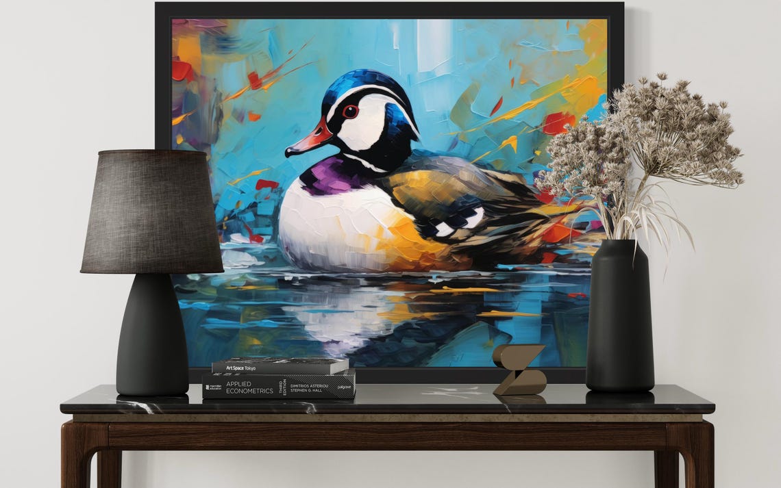 Mandarin Duck Swimming on Turquoise Water Original Painting Poster - Image 3