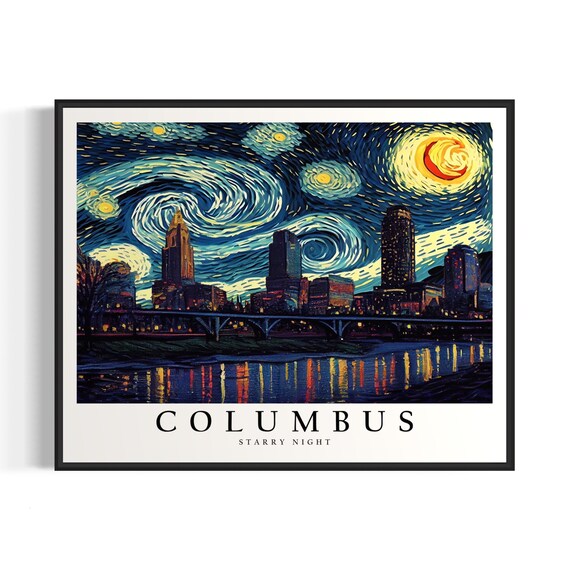 Columbus City Skyline Under Van Gogh Starry Night Sky Art Poster