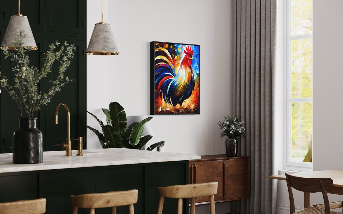 Vibrant Rainbow Rooster Colorful Plumage Oil Painting Art Poster - Image 4
