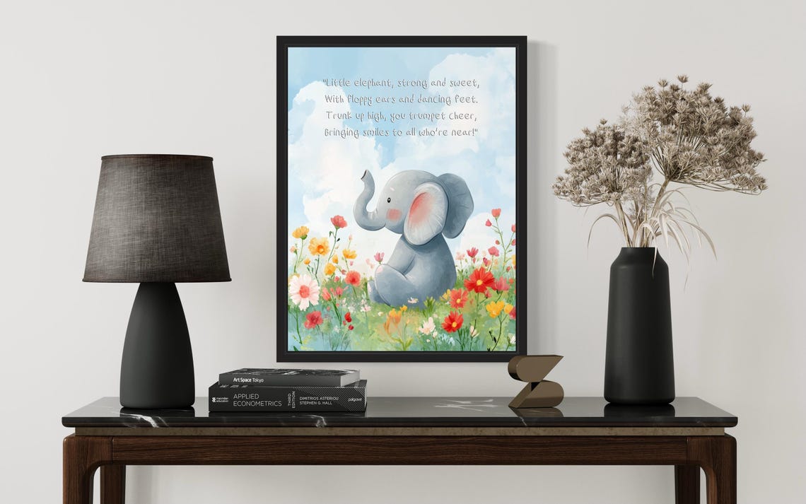Baby Elephant Trumpeting Joy with Happy Poem Nursery Wall Poster - Image 2
