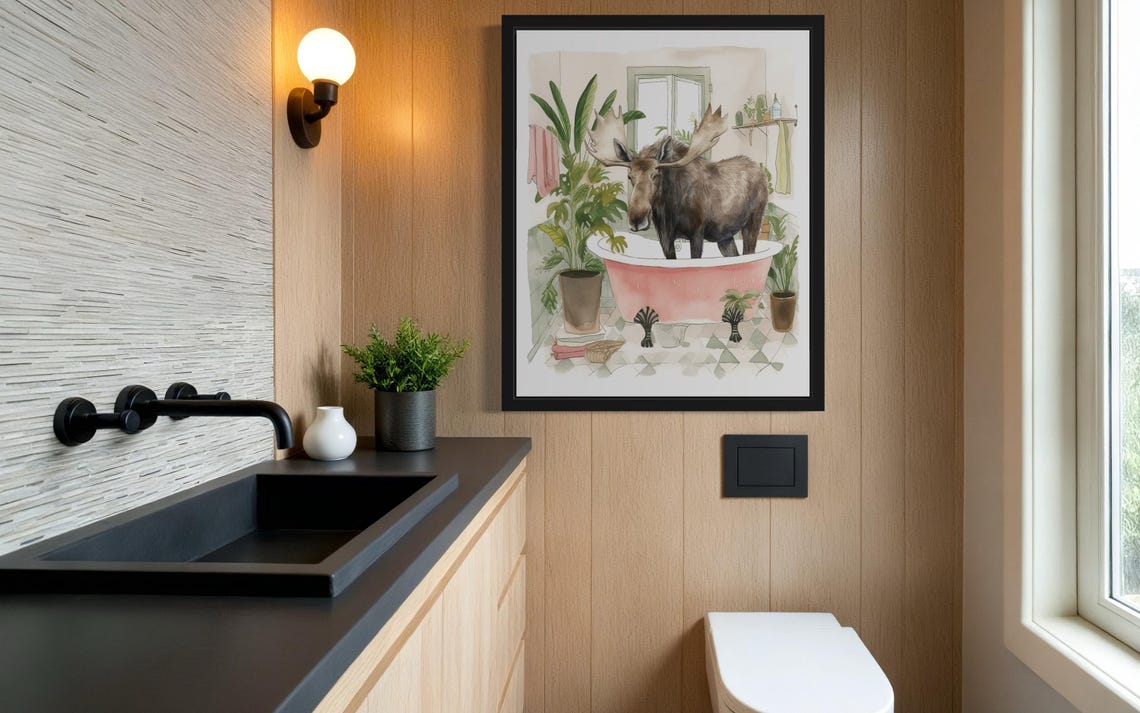 Moose Standing in a Pink Bathtub Funny Watercolor Bathroom Poster - Image 4