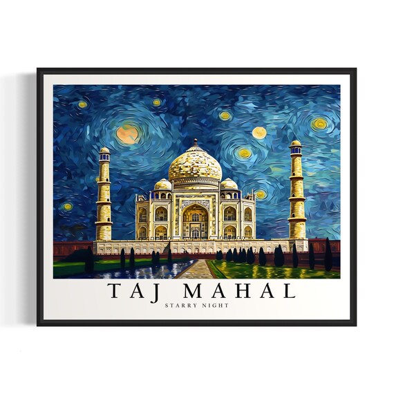 Taj Mahal India Starry Night Marble Palace Reflection Art Poster