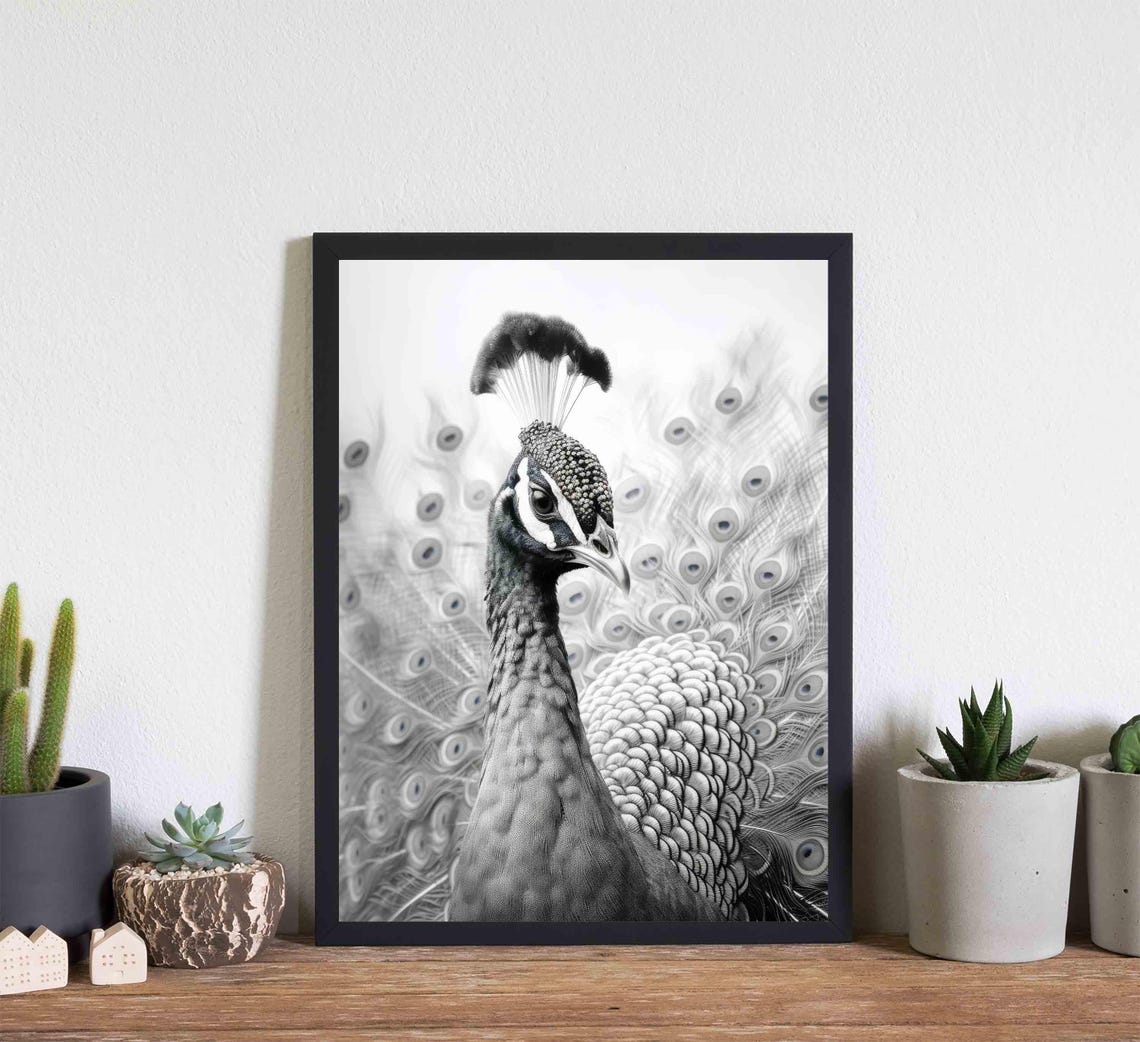 Majestic Peacock with Fanned Tail Portrait in Black and White Poster - Image 2