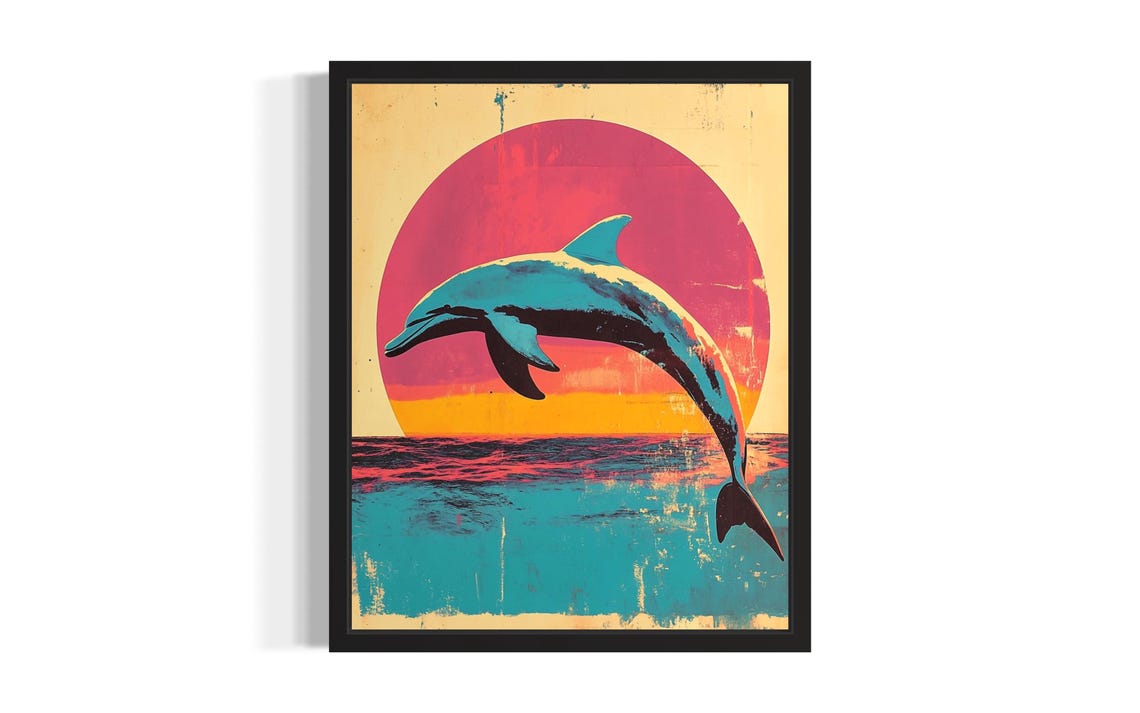 Joyful Leaping Dolphin Beneath Big Pink Sun Retro Grunge Poster