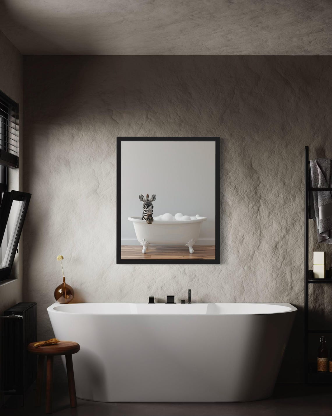 Zebra Peeking Out of a White Bubble Bath Tub Minimalist Photo Poster - Image 3