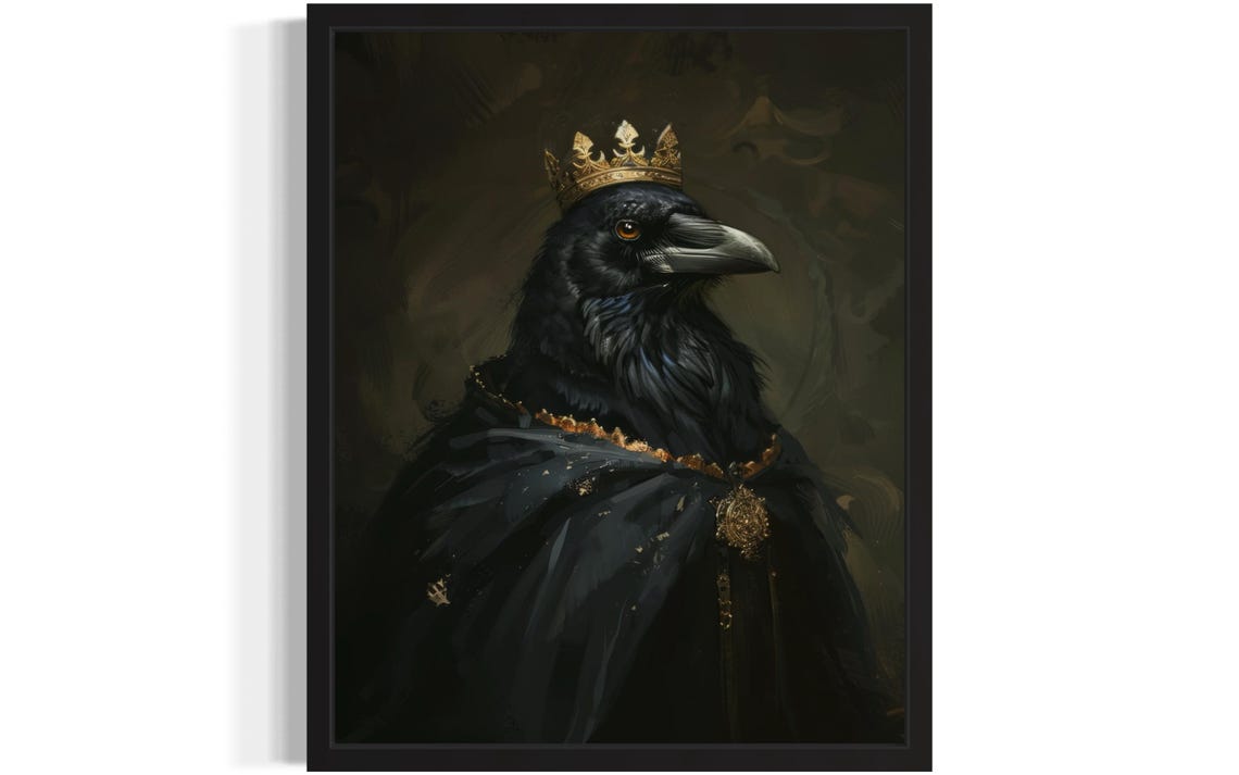 Crowned Black Crow King In Gold Trimmed Robe Gothic Portrait Poster