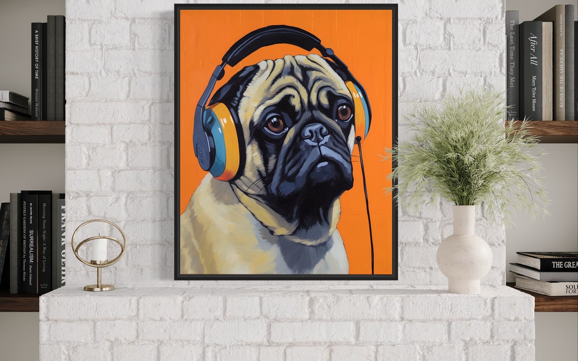 Pug Dog Wearing Headphones Bright Colorful Pop Art Portrait Poster - Image 4