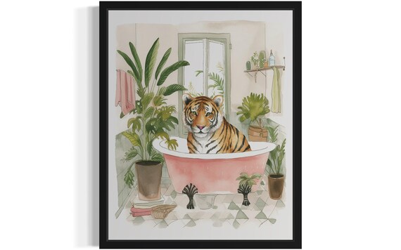 Tiger Bathing in a Pink Bathtub Funny Watercolor Bathroom Poster