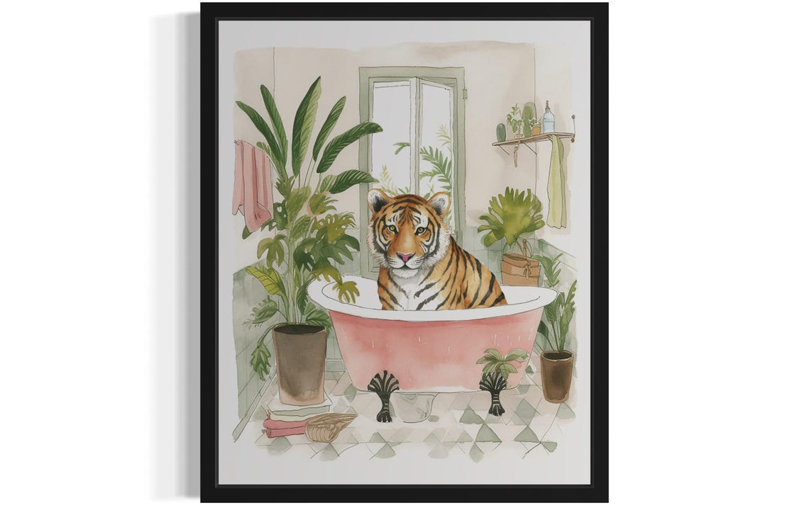 Tiger Bathing in a Pink Bathtub Funny Watercolor Bathroom Poster