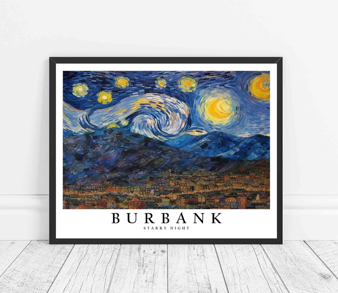 Burbank Starry Night City Lights Dark Mountain Ridge Night Poster