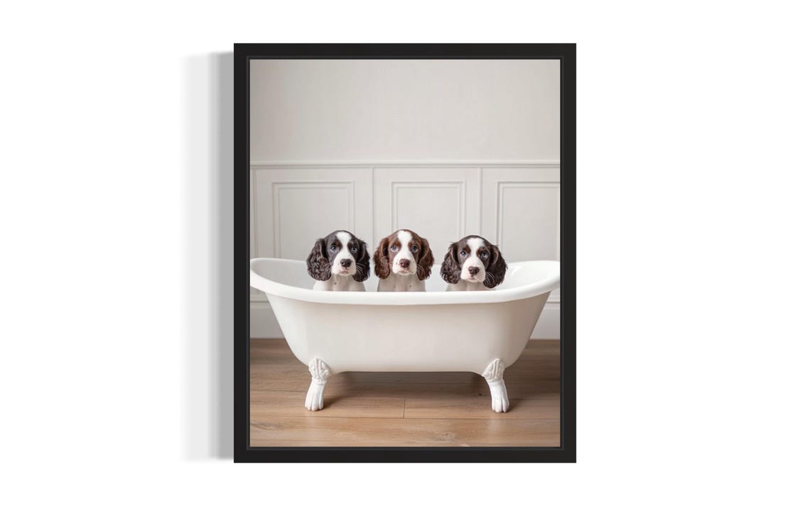 Three Spaniel Puppies in a White Vintage Clawfoot Bathtub Poster