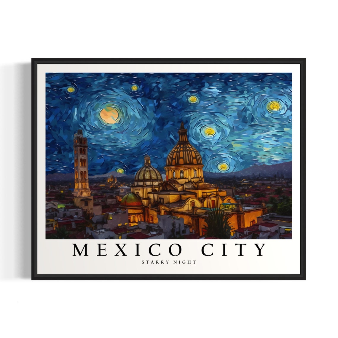 Mexico City Starry Night Cathedral Domes Old Town Art Poster
