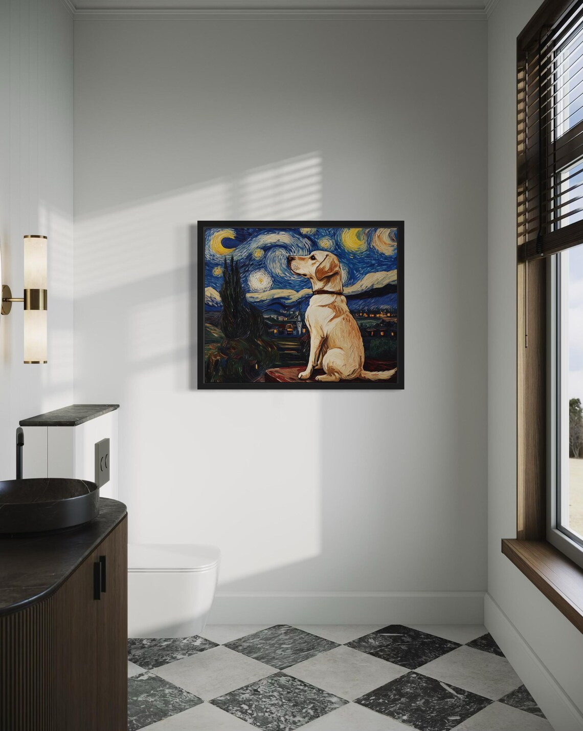 Labrador Retriever Gazing at Van Gogh Swirling Starry Night Poster - Image 3