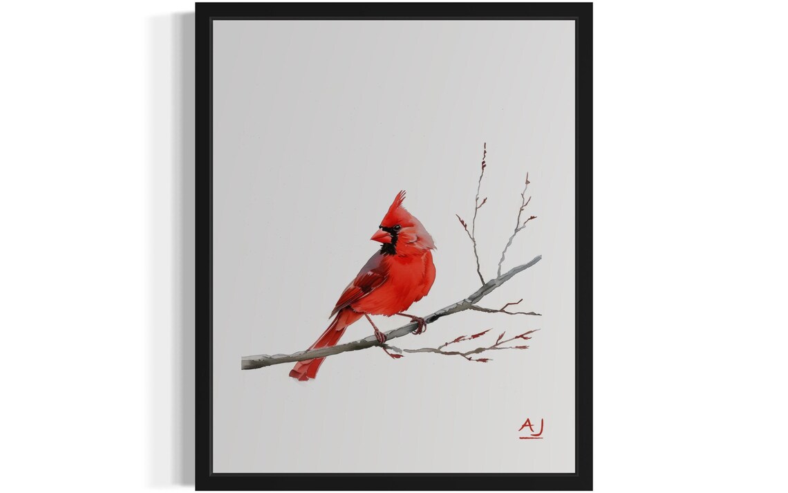 Red Cardinal Watercolor Painting Bird on Branch Nature Art Poster