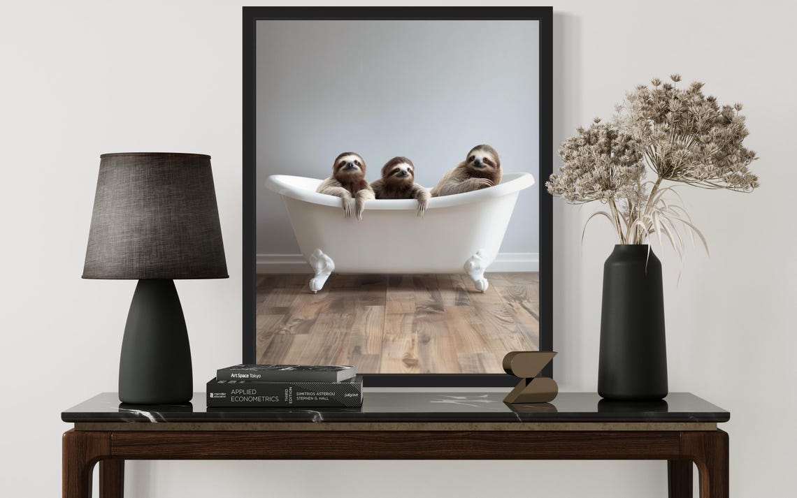 Three Sloths Relaxing Together in a White Clawfoot Tub Photo Poster - Image 2